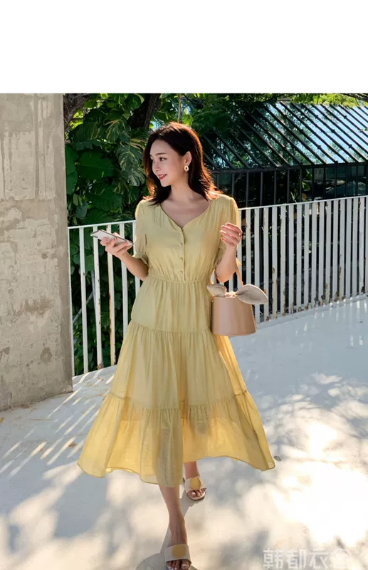 Cửa hàng quần áo Handu 2020 hè mới dành cho nữ Váy midi dài Pháp cổ cao Đầm cổ chữ V nữ PS9480 Lu - váy đầm