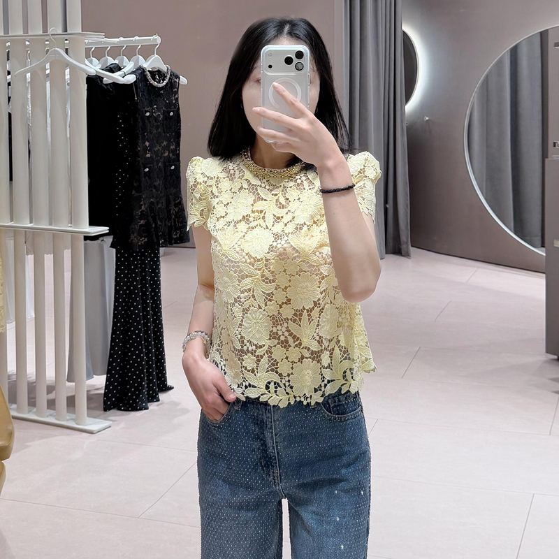 Sp Home Shenzhen Nanyou High-End Women's Clothing 2026 Summer French Style Elegant Rhinestone Lace Hollow T-Shirt Top for Women