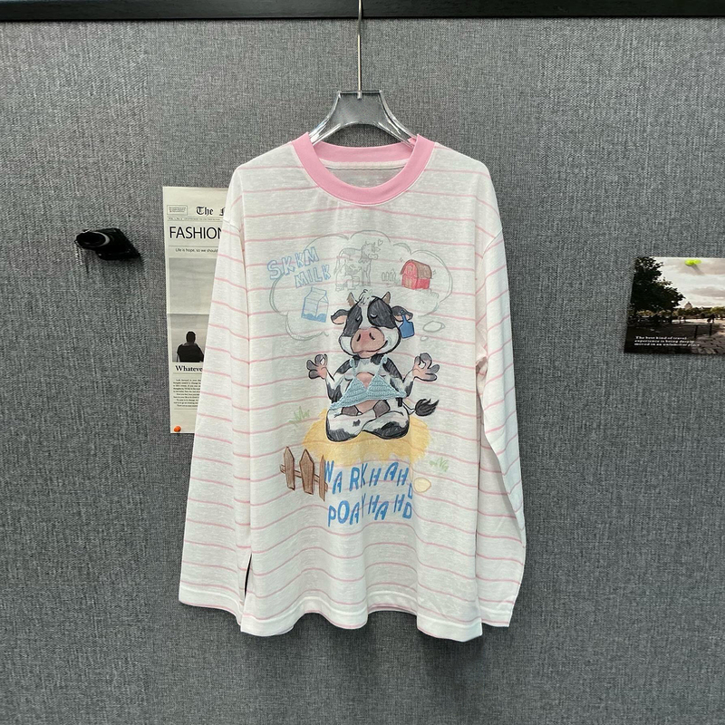 Shenzhen Nanyou High-End Women's Clothing 2026 Summer French Design Meditation Cow Print Striped T-Shirt Top for Women