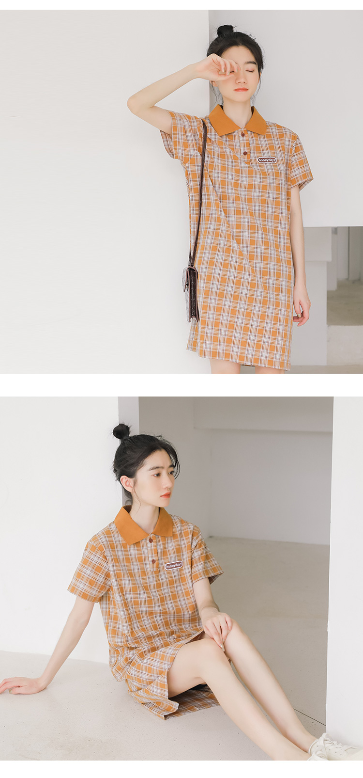 VK旗艦店 韓妞推薦學院風小清新格紋短袖洋裝