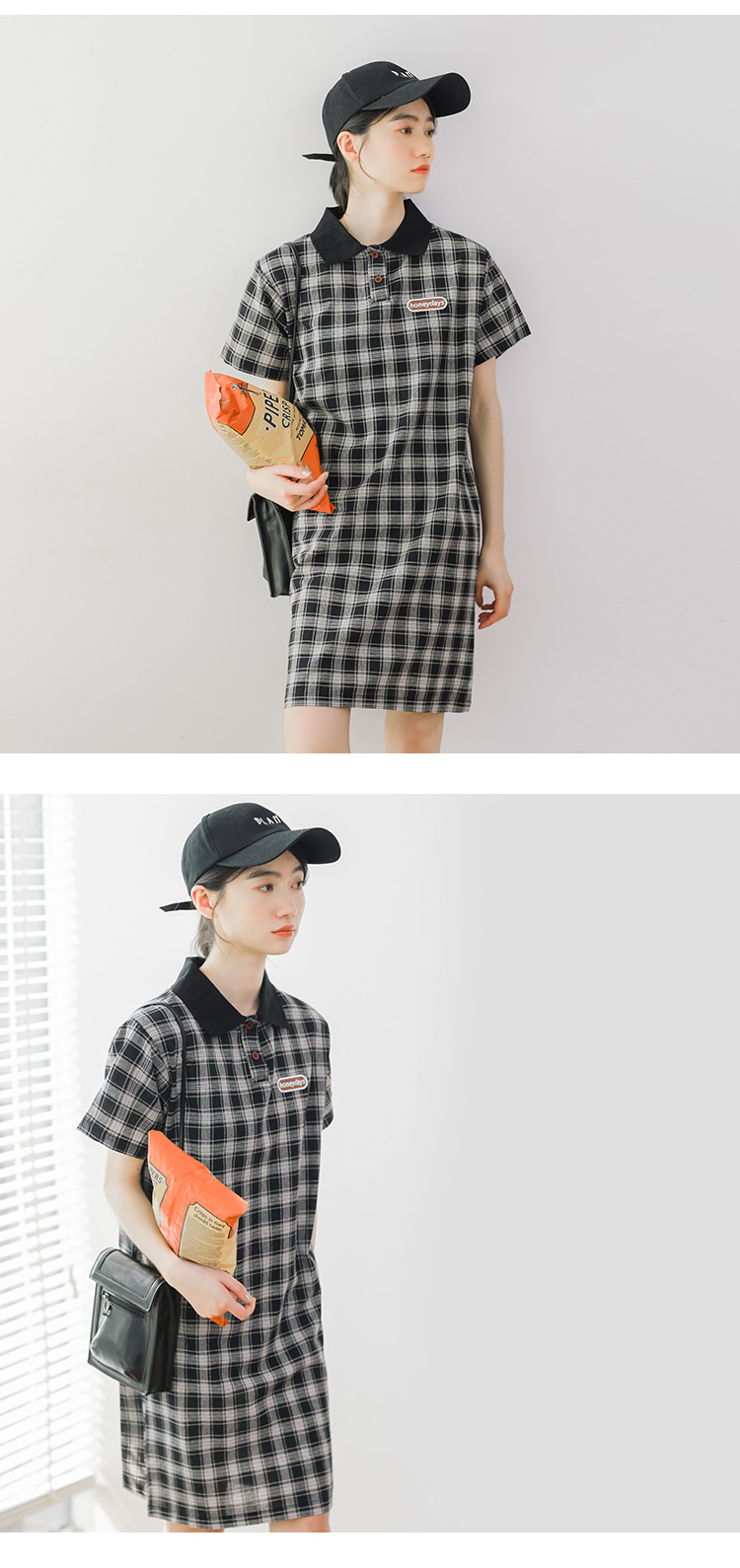 VK旗艦店 韓妞推薦學院風小清新格紋短袖洋裝