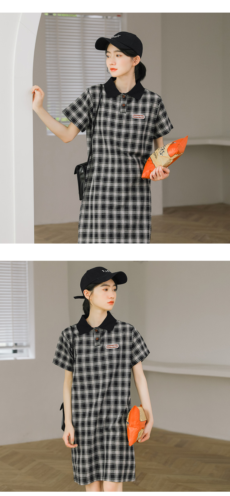 VK旗艦店 韓妞推薦學院風小清新格紋短袖洋裝