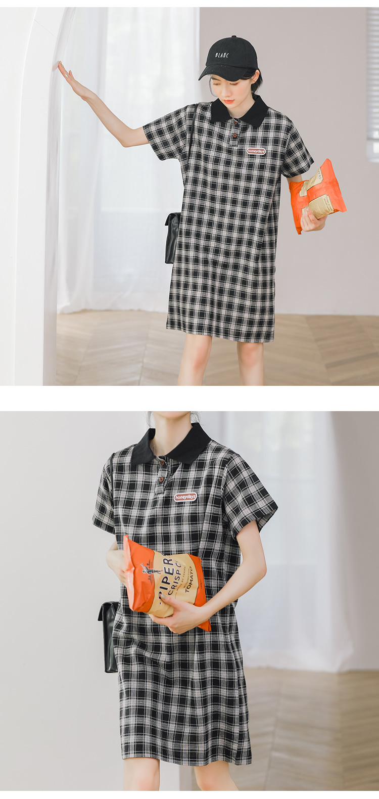 VK旗艦店 韓妞推薦學院風小清新格紋短袖洋裝