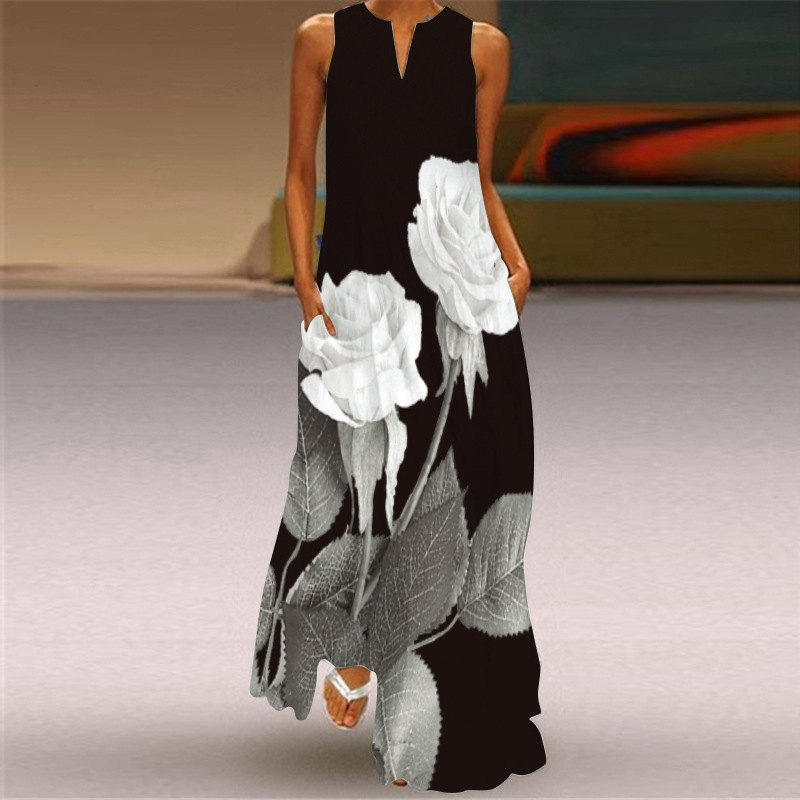 Chinese Style Ink Painting Rose Print A-Line Dress Women's Sleeveless Beach Travel Photo Shoot Long Dress Wholesale Chinese Style Ink Painting Rose Print A-Line Dress Women's Sleeveless Beach Travel Photo Shoot Long Dress Wholesale