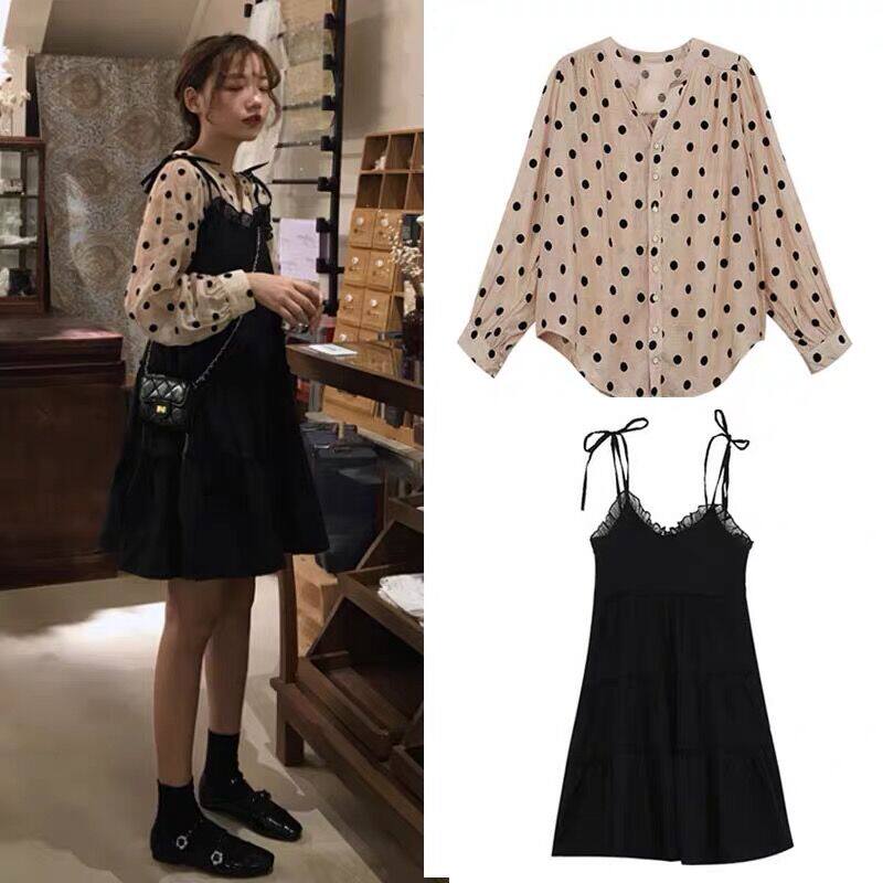 Foreign style pregnant women spring suit dress fashion Korean wave point suspender skirt long two-piece set