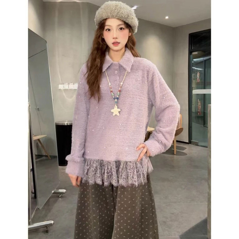 Slightly Plus-Size, Fashionable and Stylish Purple Long-Sleeved Shirt with Beading for Women, Suitable for Autumn and Winter, Slimming Effect, Lace Collar Top