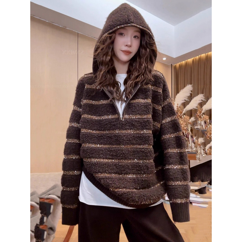 Slightly Chubby Style, Korean Dongdaemun High-End Gold Sequin Hooded Knit Sweater, Lazy Style Pullover Sweater for Autumn and Winter
