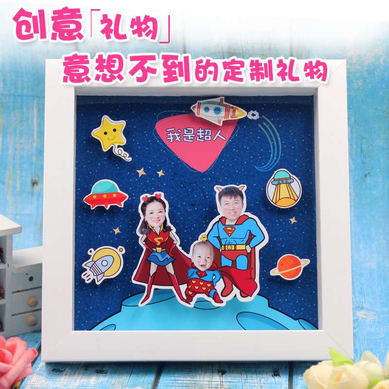 Custom diy cartoon photo frame Cubist family of three-mouth Four-mouth full family fortune Birthday Gift Pendulum creative Anniversary