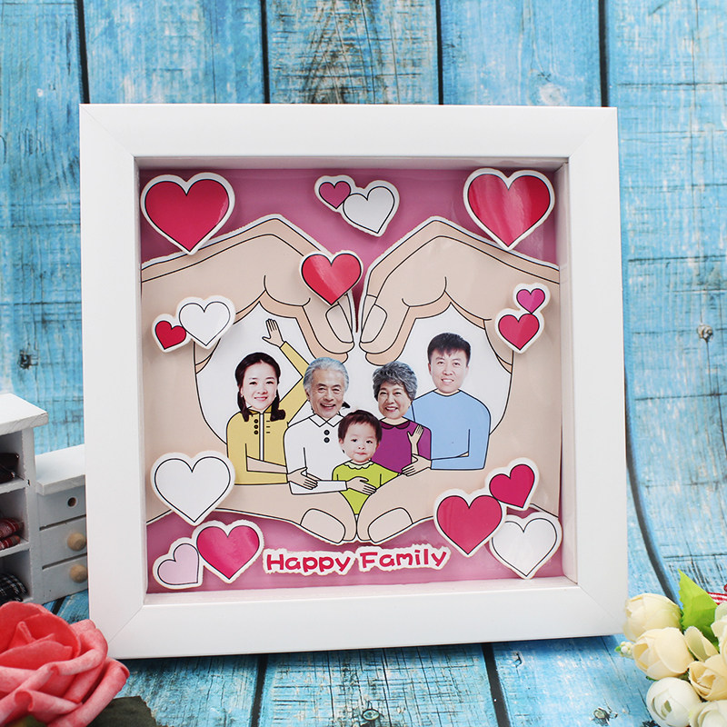 Customized creative stereo cartoon diy wooden photo frame for a family of three-member family holiday gift