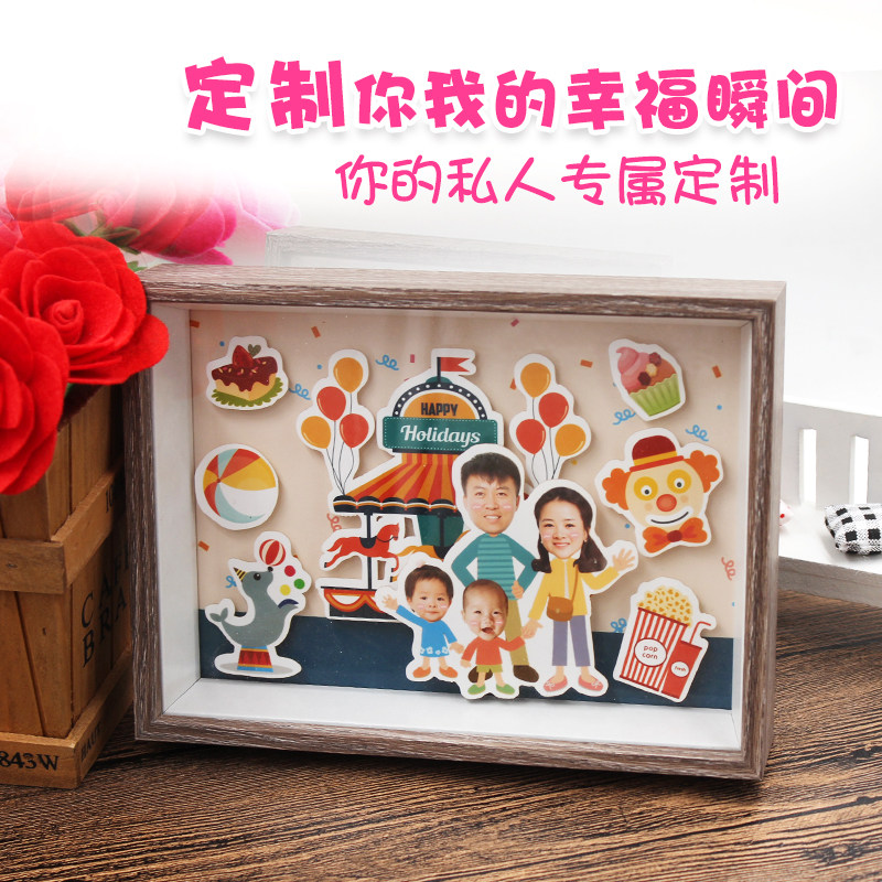 Custom creative diy photo wooden three-dimensional photo frame student birthday family of three and four family portrait gift