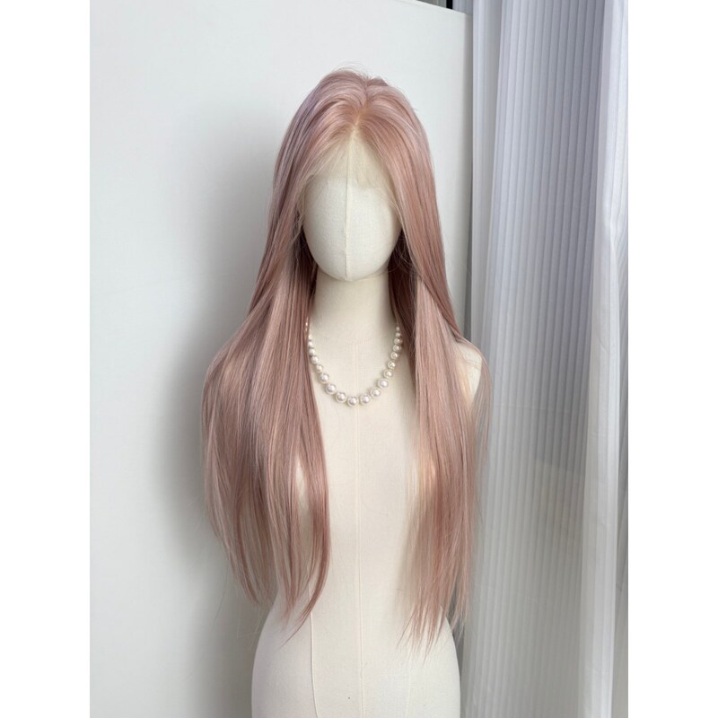 Flat Head Xiao Xu Bingmei Pink Hand-Crocheted Wig with Arbitrary Parting 13×4 Hand-Crocheted Front Lace High-Temperature Fiber Wig