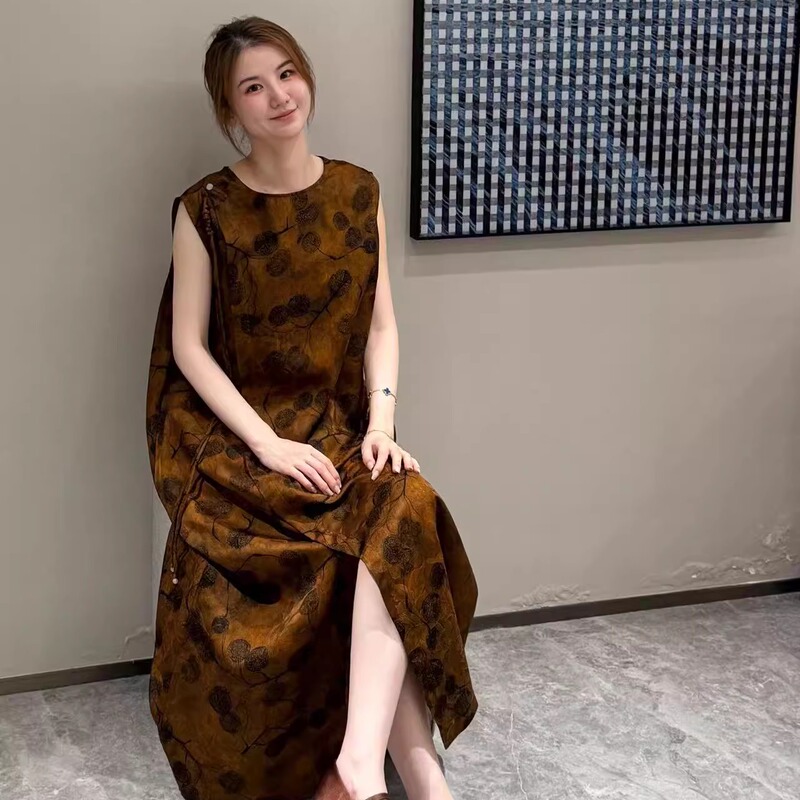 Classic Return/Group Silk Brocade Orange Coffee Color Lychee Mulberry Silk Long Dress Classic Return/Group Silk Brocade Orange Coffee Color Lychee Mulberry Silk Long Dress