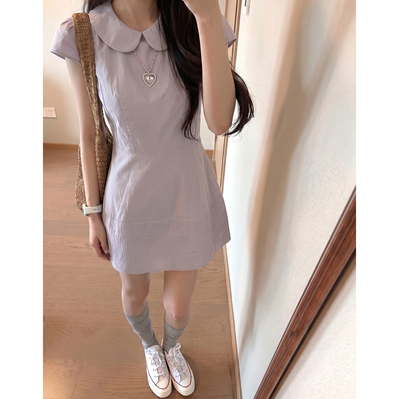 Um11 Sweet Princess Style Purple Doll Collar Dress for Women 2026 Summer Waist-Cinching Age-Reducing Petite A-Line Dress