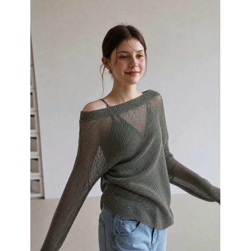 Umoneone Commuter Style Asymmetrical Slant-Neck Knit Top for Women, 2026 Autumn Forest Green Loose Slimming Top Umoneone Commuter Style Asymmetrical Slant-Neck Knit Top for Women, 2026 Autumn Forest Green Loose Slimming Top