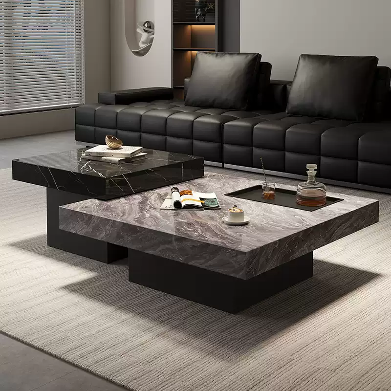 意式高端岩板茶几轻奢现代简约客厅家用大理石小户型方形高低组合