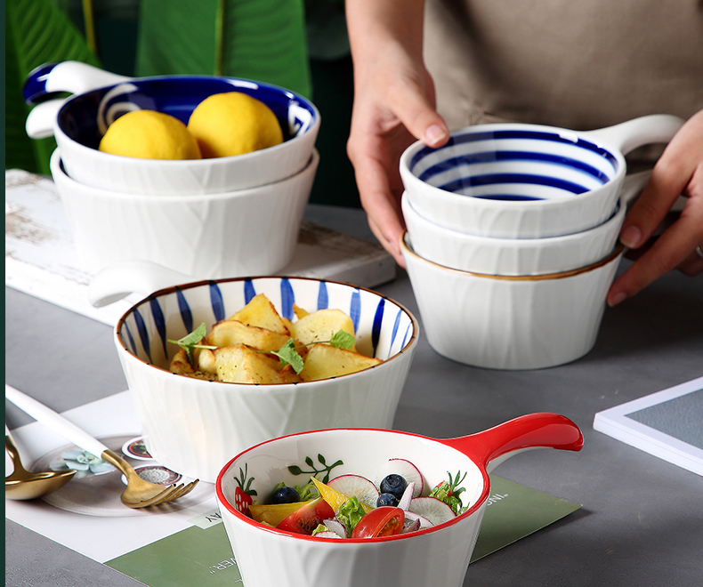 Japanese ceramic bowl with creative move with the handle for the job of a single bowl of fruit salad bowl of noodles in soup, tableware