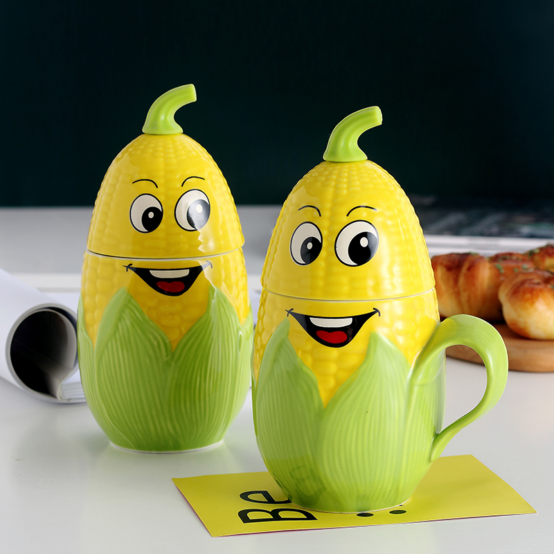 Creative move trend ceramic cup cartoon corn milk coffee cup picking keller cup of office