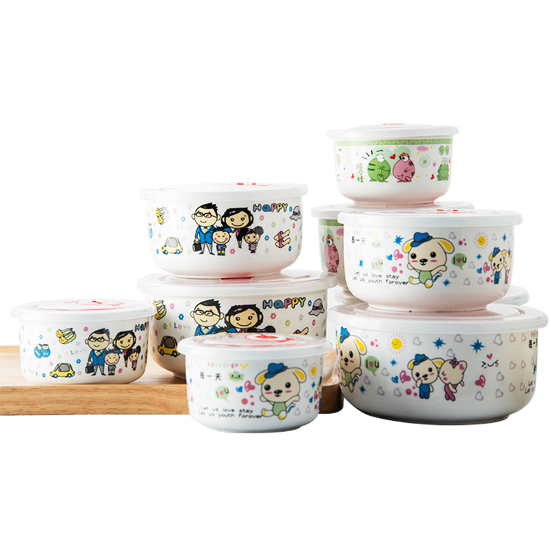 Ceramic fresh noodles bowl three - piece microwave preservation box seal lunch large package with cover students