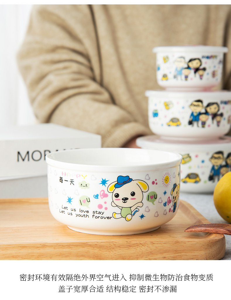 Ceramic fresh noodles bowl three - piece microwave preservation box seal lunch large package with cover students