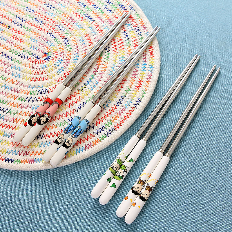 Household ceramic handle the parent - child creative family no express suit portable stainless steel chopsticks tableware