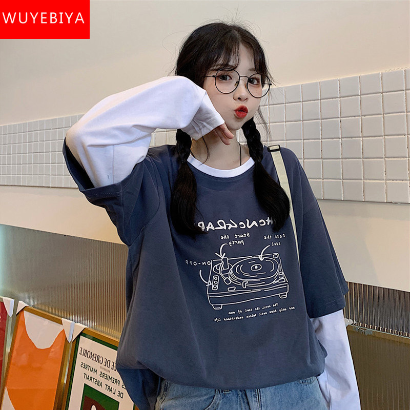 Long sleeves T-shirt adolescent girls autumn clothing 2022 new first medium-high school students Han version loose 100 lap fake two pieces of clothing