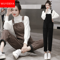 Plus velvet thick corduroy bib childrens autumn and winter clothes 2021 new student Korean loose two-piece suit