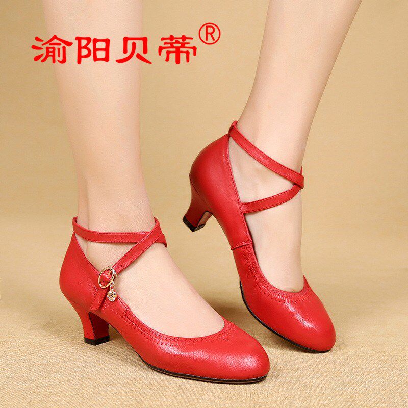 2018 new leather dance shoes middle heel red Latin dance outdoor rubber sole square dance national standard social dance shoes