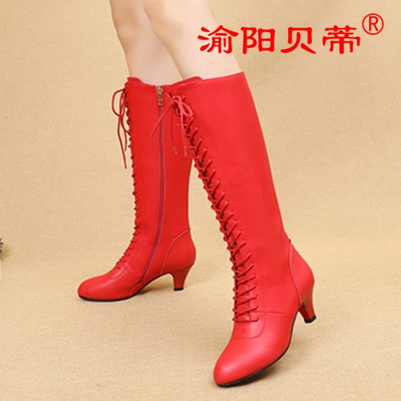 Latin dance boots leather winter new Gaobang dancing women's shoes plus velvet adult soft bottom middle heel sailor dance shoes