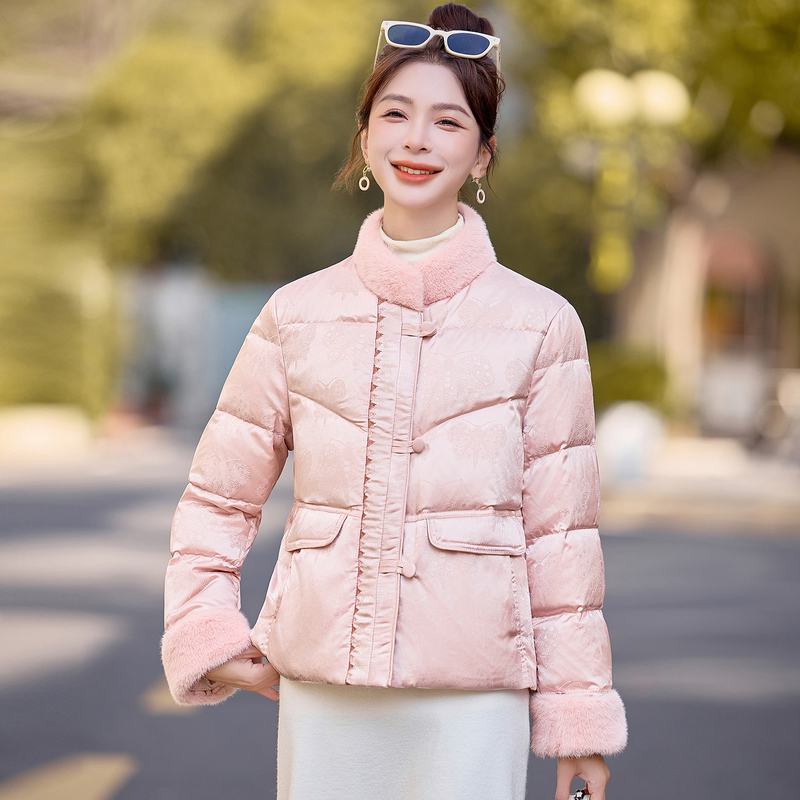 New Chinese-Style Jacquard Stand-Collar Short down Jacket for Women, Winter New Model, Super Stylish Pink White Duck down Warm Coat