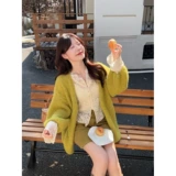 Осенний комплект, зеленый лонгслив, свитер, кружевная куртка, юбка