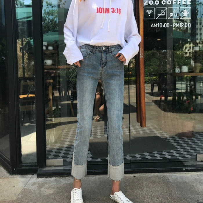 2021 Autumn New Student Loose Straight Pants High Waist Cropped Jeans Women Patchwork Raw Edge Nine Points Denim Pants Female ripped jeans