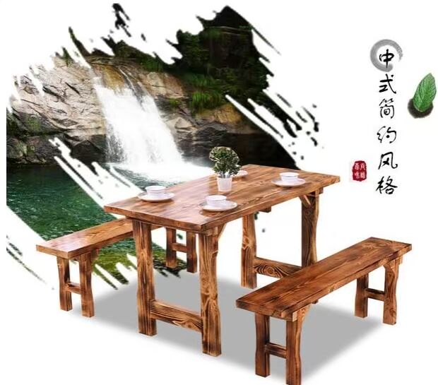 Bàn ghế gỗ carbonized rắn đồ nội thất retro thanh giải trí ngoài trời - Bàn ghế ngoài trời / sân ghế cafe ngoài trời