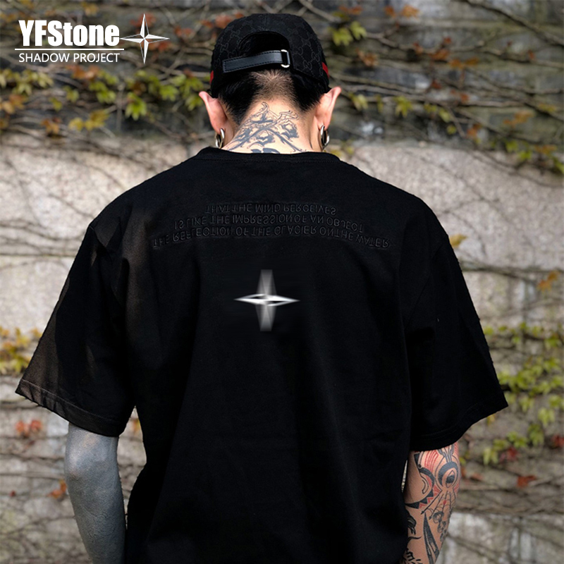 Yfstone New Badge Trendy Brand Short-Sleeve Trendy Washed Loose Solid Color Casual Versatile T-Shirt for Men and Women