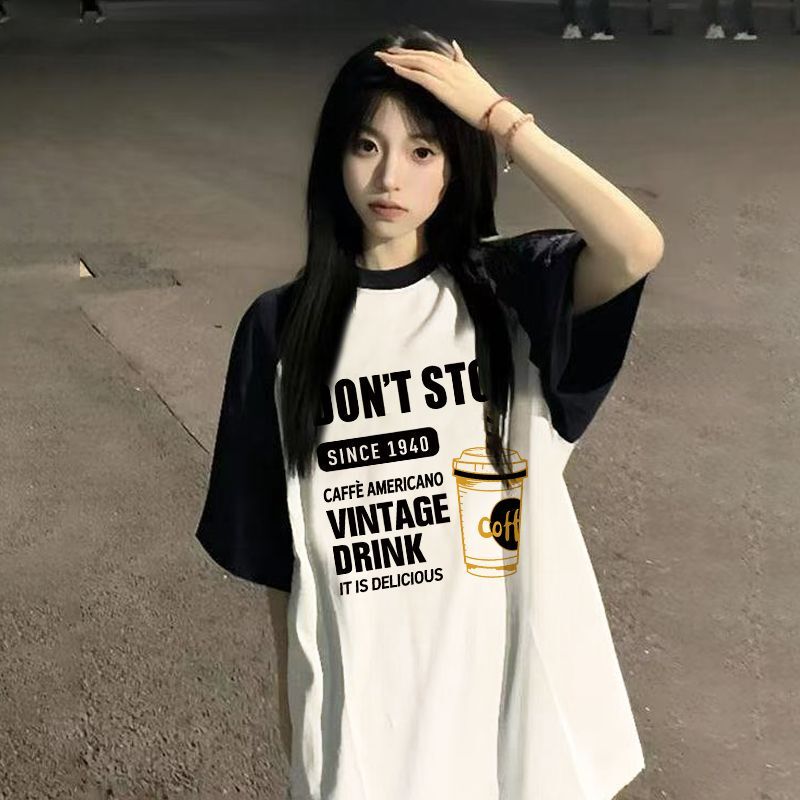 2025 Summer Color Block Contrast Short Sleeve Internet Celebrity Raglan Sleeve Spring/Summer New Loose Patchwork Student Top Base Shirt