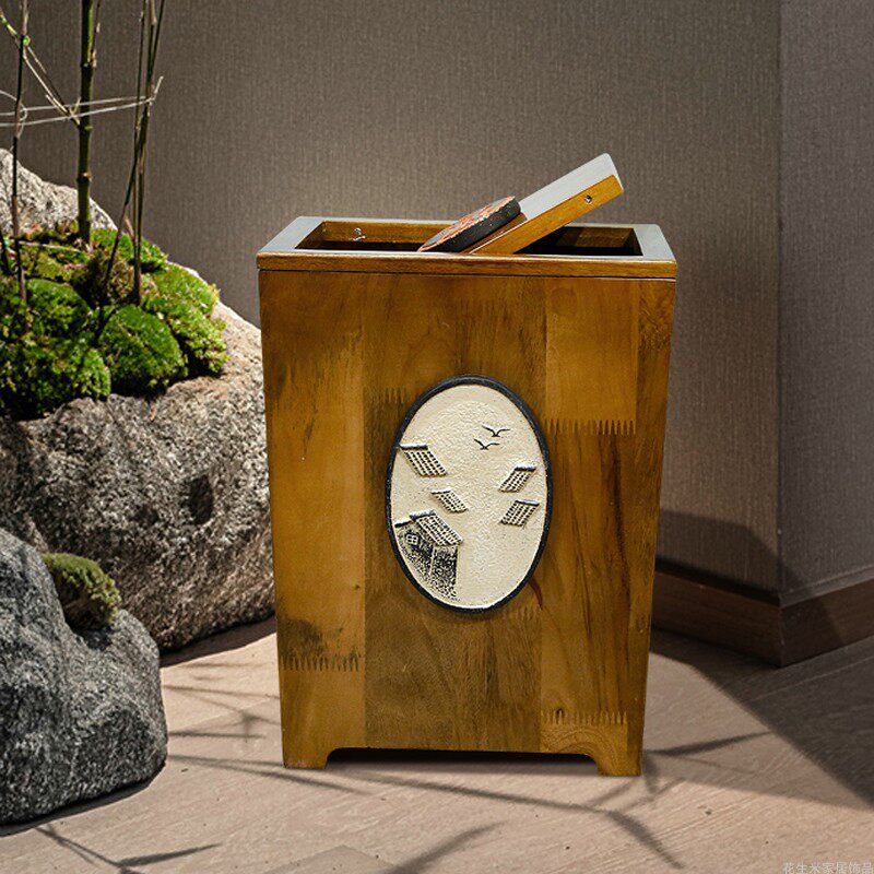 Solid wood Chinese trash can floor-to-ceiling large living room retro press-type classical storage bucket shake cover office paper basket