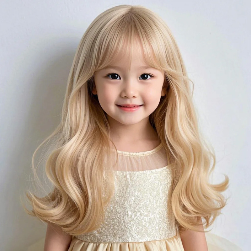 Children's Wig for Girls, Light Blonde Long Hair, Water Ice Moon Curls, Large Waves, Anime Style, Air Bangs, Full Head Wig for Photos