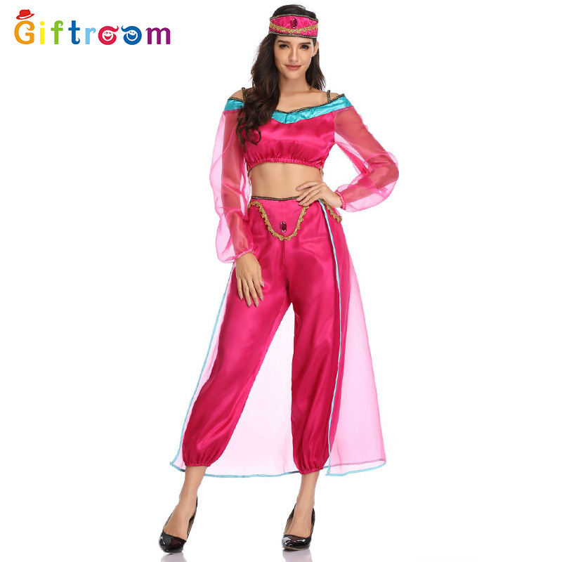 Adult foreign trade models Middle East Dubai clothes Arab women rose red mesh stitching suit festival stage performance clothes