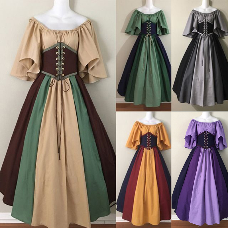 2021 foreign trade European and American medieval retro splicing flying sleeve tie belt waist large swing skirt one word collar dress performance costume