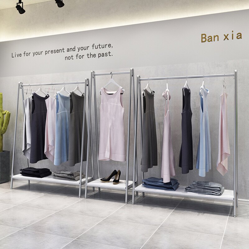 Clothing store display rack Floor-to-ceiling display rack Silver clothes rack Simple women's shop shelf Children's clothing hanging rod