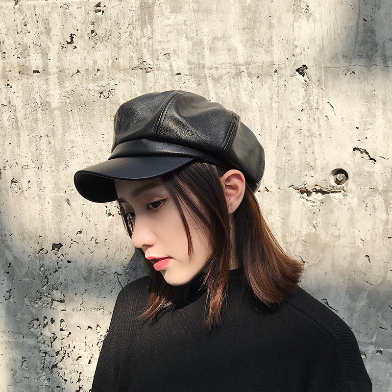 pu cortex anise cap children fall Inron tide day series Korean version autumn winter fashion 100 lap leather cap duck tongue berets