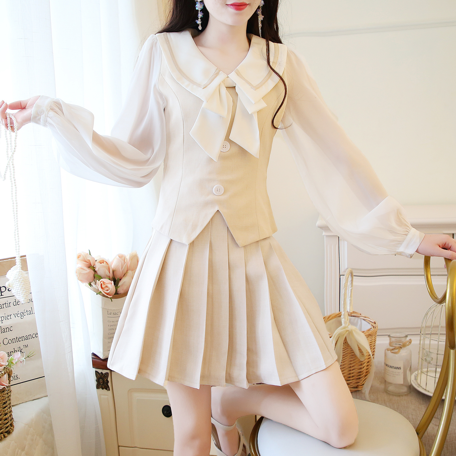 VK旗艦店 韓國學院風雪紡拼接百褶半身裙套裝長袖裙裝