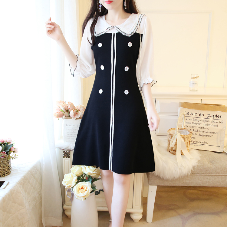 VK旗艦店 韓系娃娃領針織百搭拼接顯瘦排釦長袖洋裝