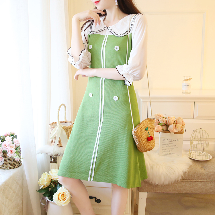 VK旗艦店 韓系娃娃領針織百搭拼接顯瘦排釦長袖洋裝