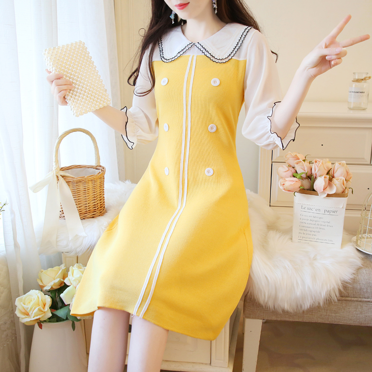 VK旗艦店 韓系娃娃領針織百搭拼接顯瘦排釦長袖洋裝
