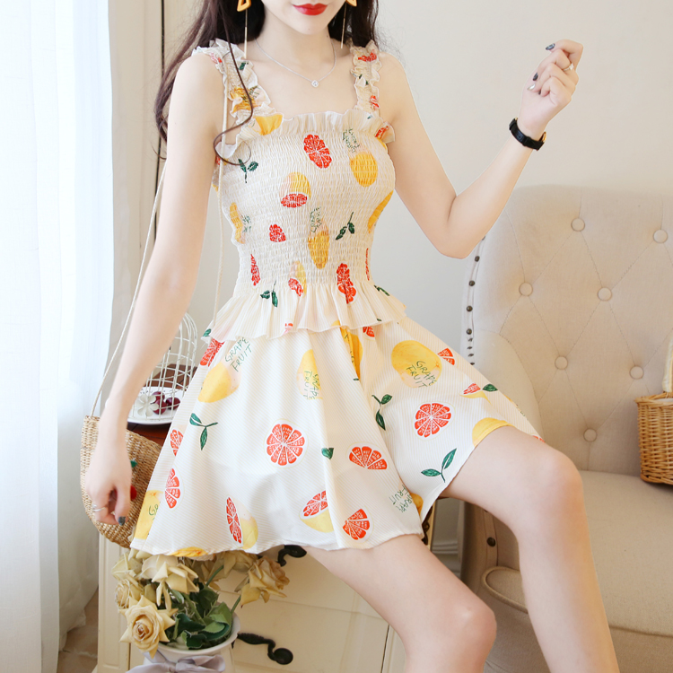 VK旗艦店 韓系熱帶水果印花吊帶寬鬆短褲套裝無袖褲裝