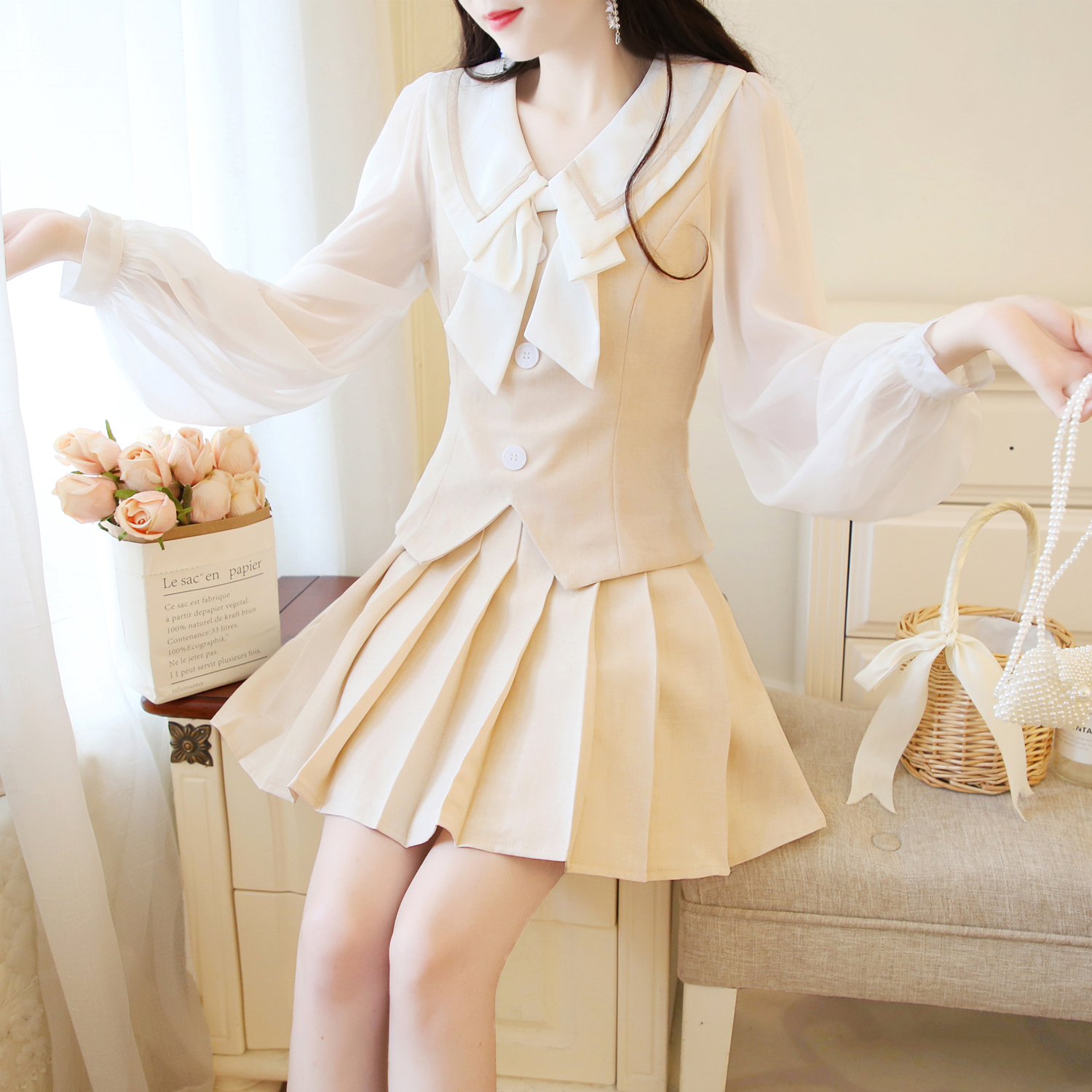 VK旗艦店 韓國學院風雪紡拼接百褶半身裙套裝長袖裙裝