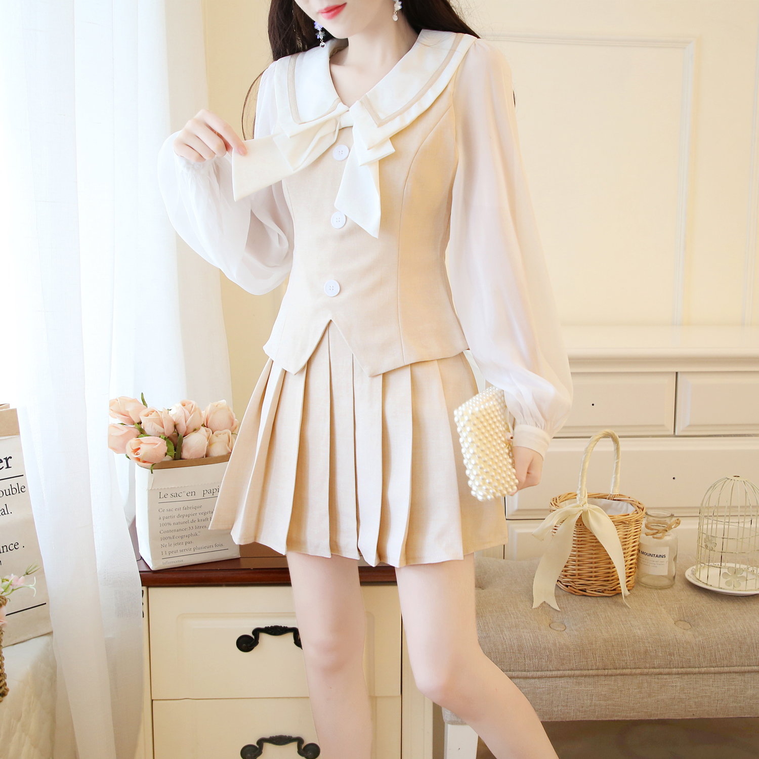 VK旗艦店 韓系雪紡拼接上衣百褶短裙套裝長袖裙裝