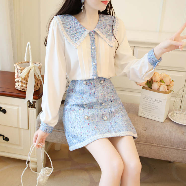 VK旗艦店 韓系小香風娃娃領洋氣顯高套裝長袖裙裝