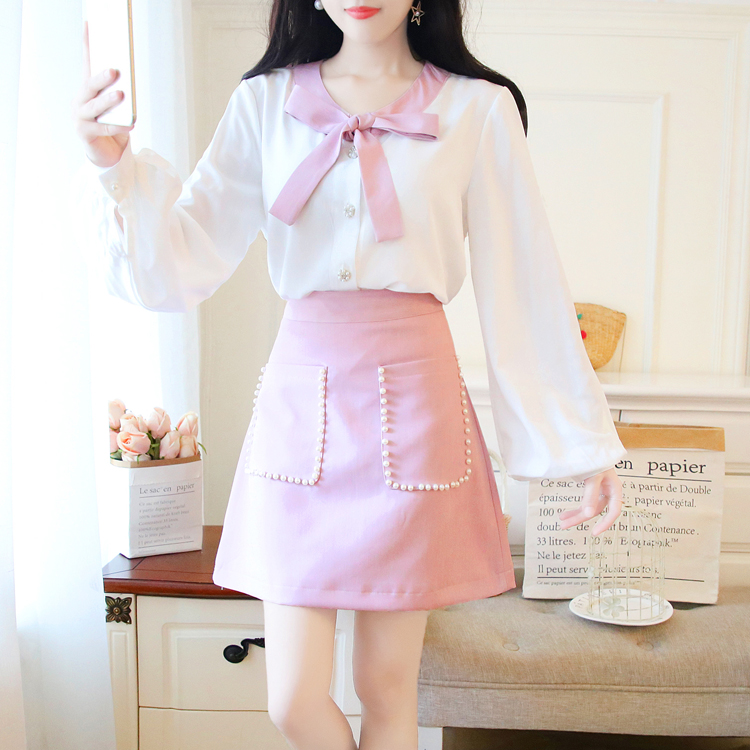 VK旗艦店 韓系抹茶綠蝴蝶結雪紡衫短裙套裝長袖裙裝