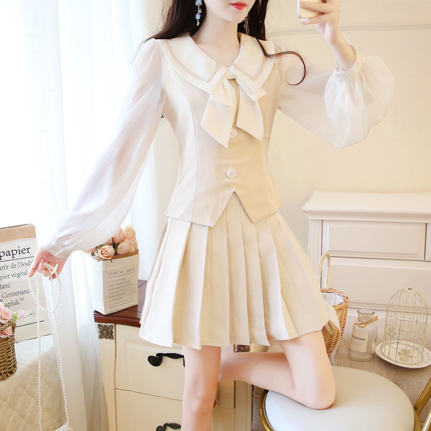 VK旗艦店 韓國學院風雪紡拼接百褶半身裙套裝長袖裙裝